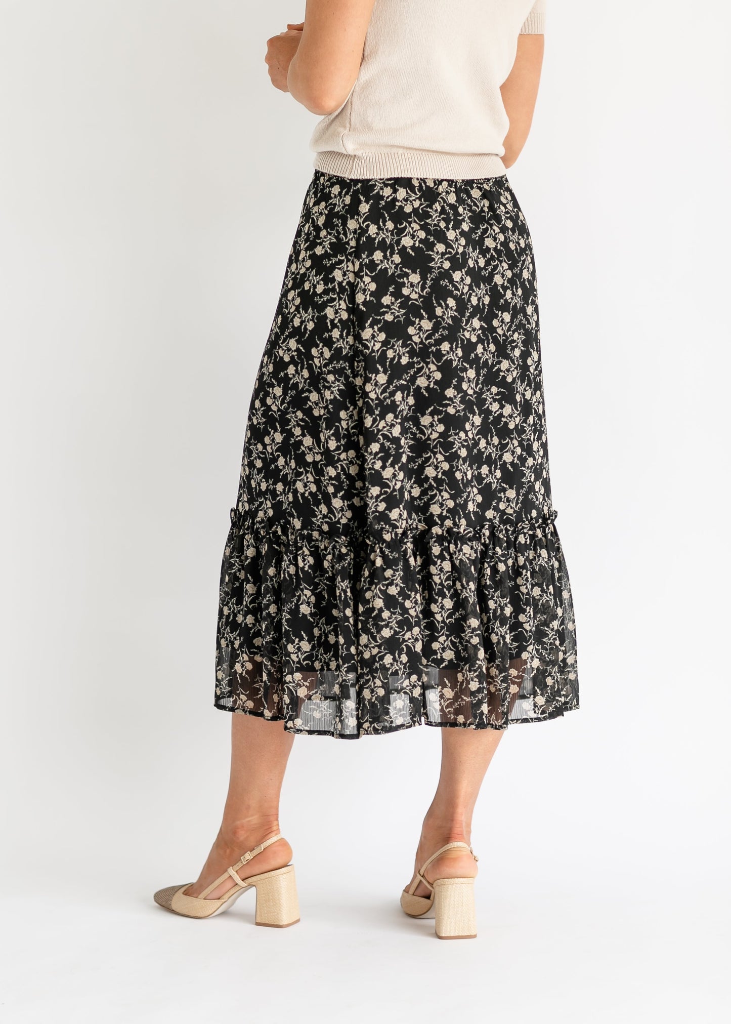 Black + Tan Floral Printed Midi Skirt FF Skirts