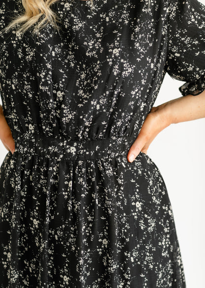 Black + Tan Floral Ruffle Midi Dress FF Dresses