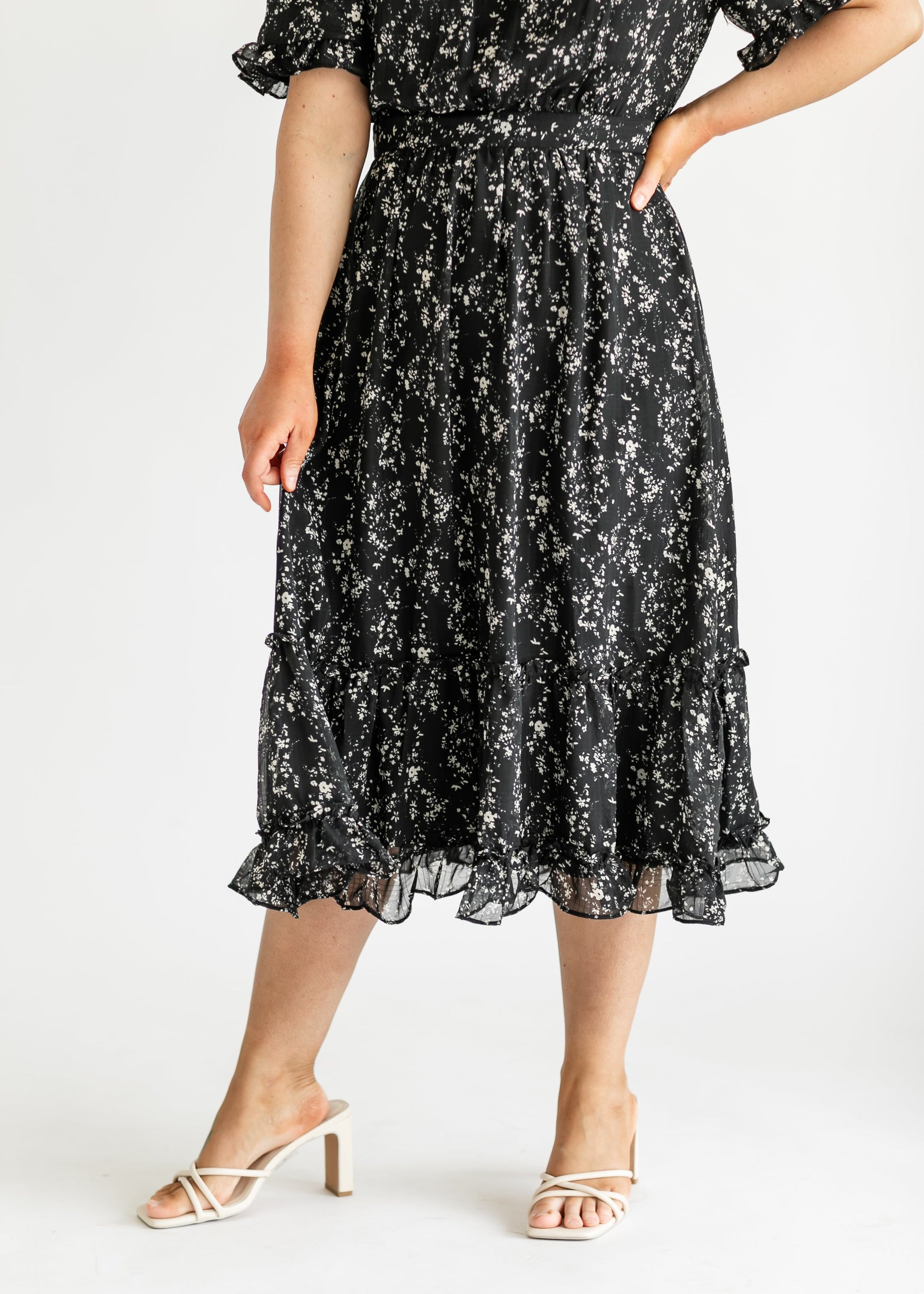 Black + Tan Floral Ruffle Midi Dress FF Dresses