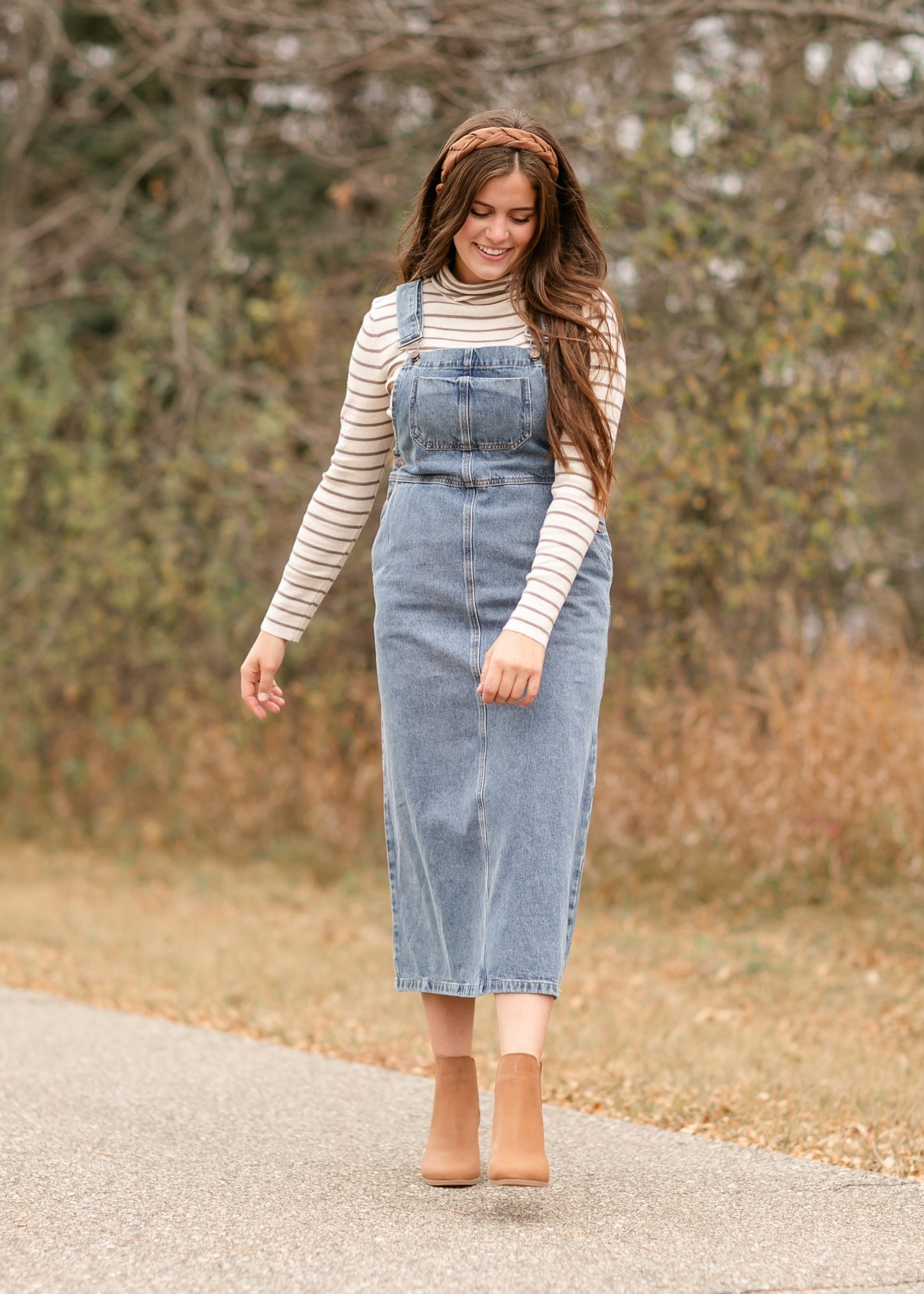 Long Denim Dungaree Dress Denim Jumper Skirt Knee Length Womens