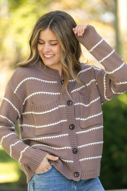 Blanket Stitched Striped Button Down Sweater FF Layering Essentials