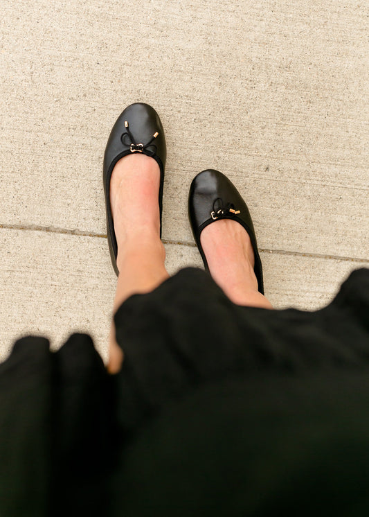 Blossoms Black Leather Flat Shoes