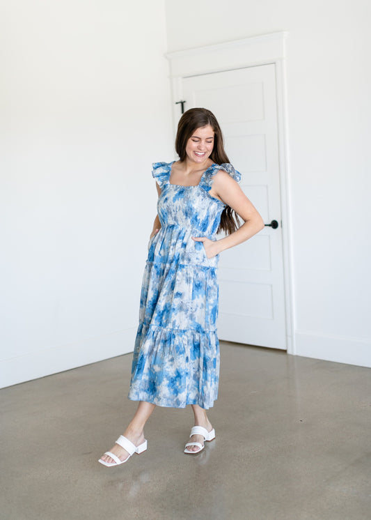 Blue and Gray Watercolor Midi Dress - FINAL SALE FF Dresses