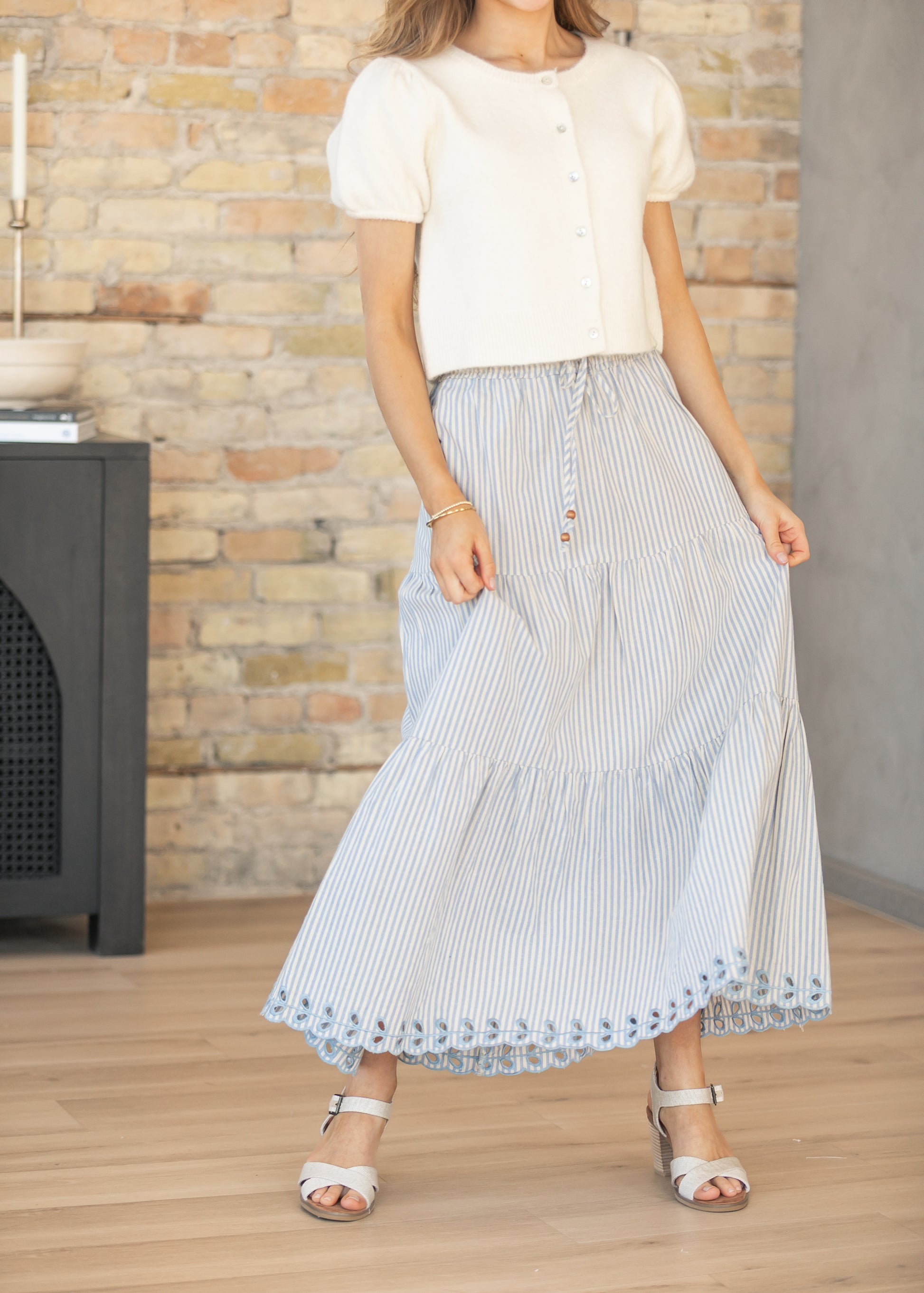 Blue Embroidered Detail Midi Skirt FF Skirts