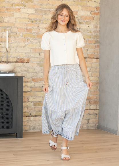 Blue Embroidered Detail Midi Skirt FF Skirts