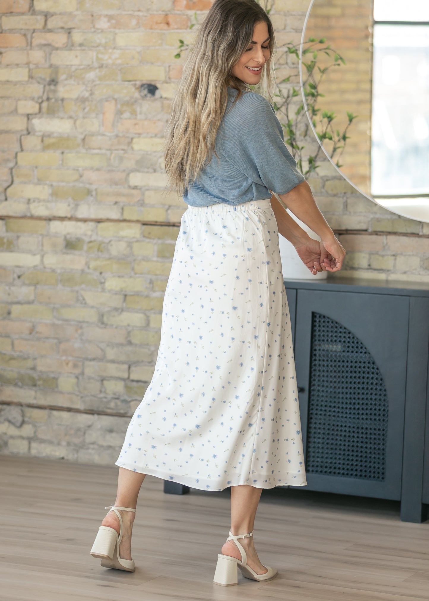 Blue Floral Satin Maxi Skirt FF Skirts