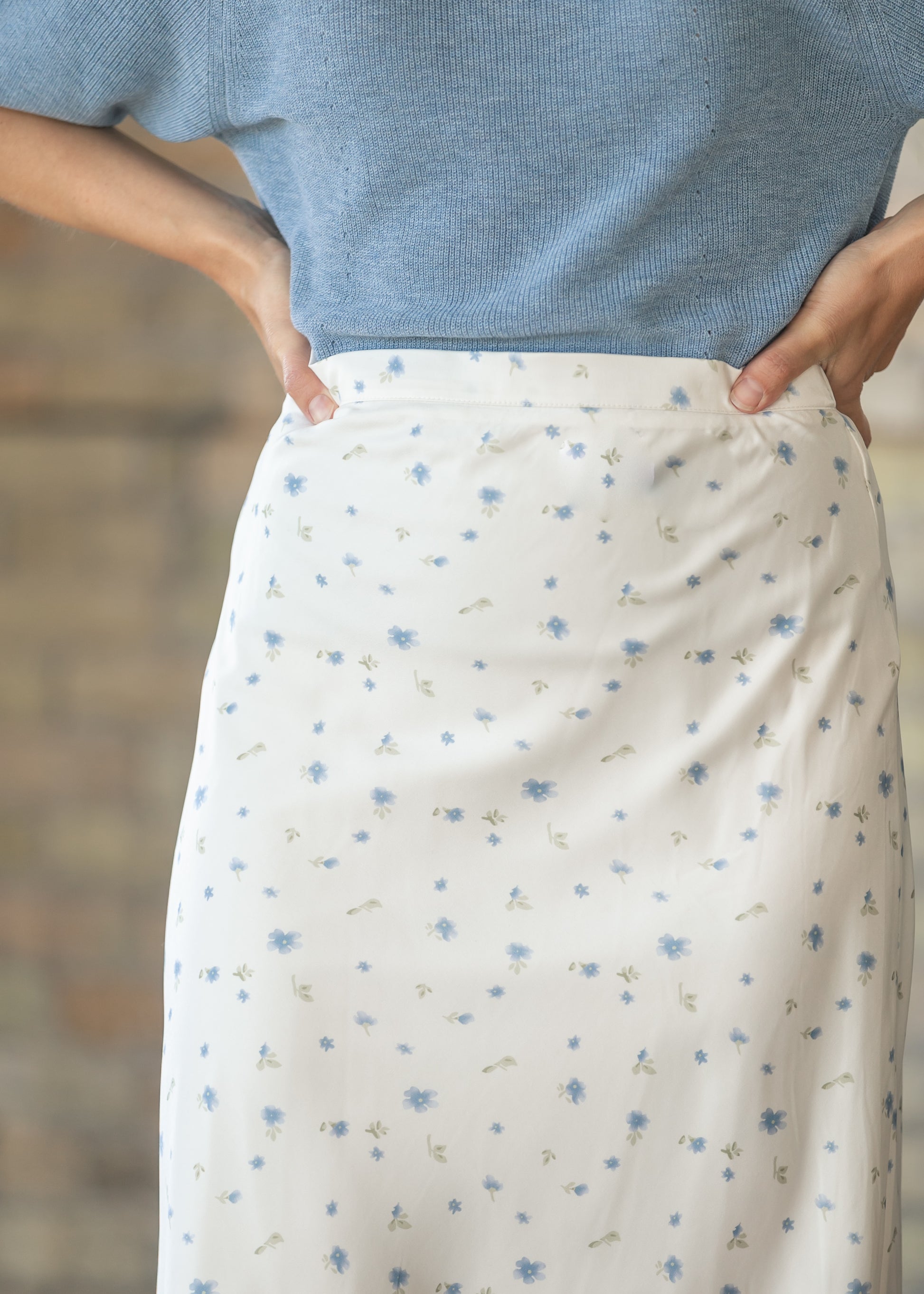 Blue Floral Satin Maxi Skirt FF Skirts