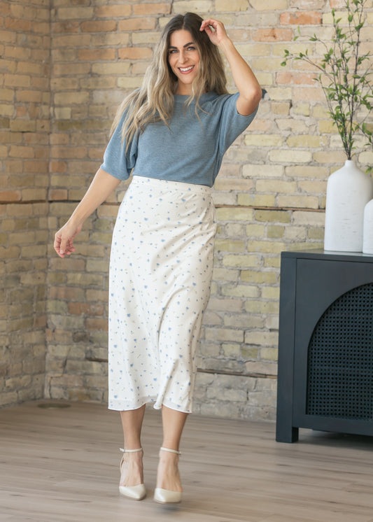 Blue Floral Satin Maxi Skirt FF Skirts