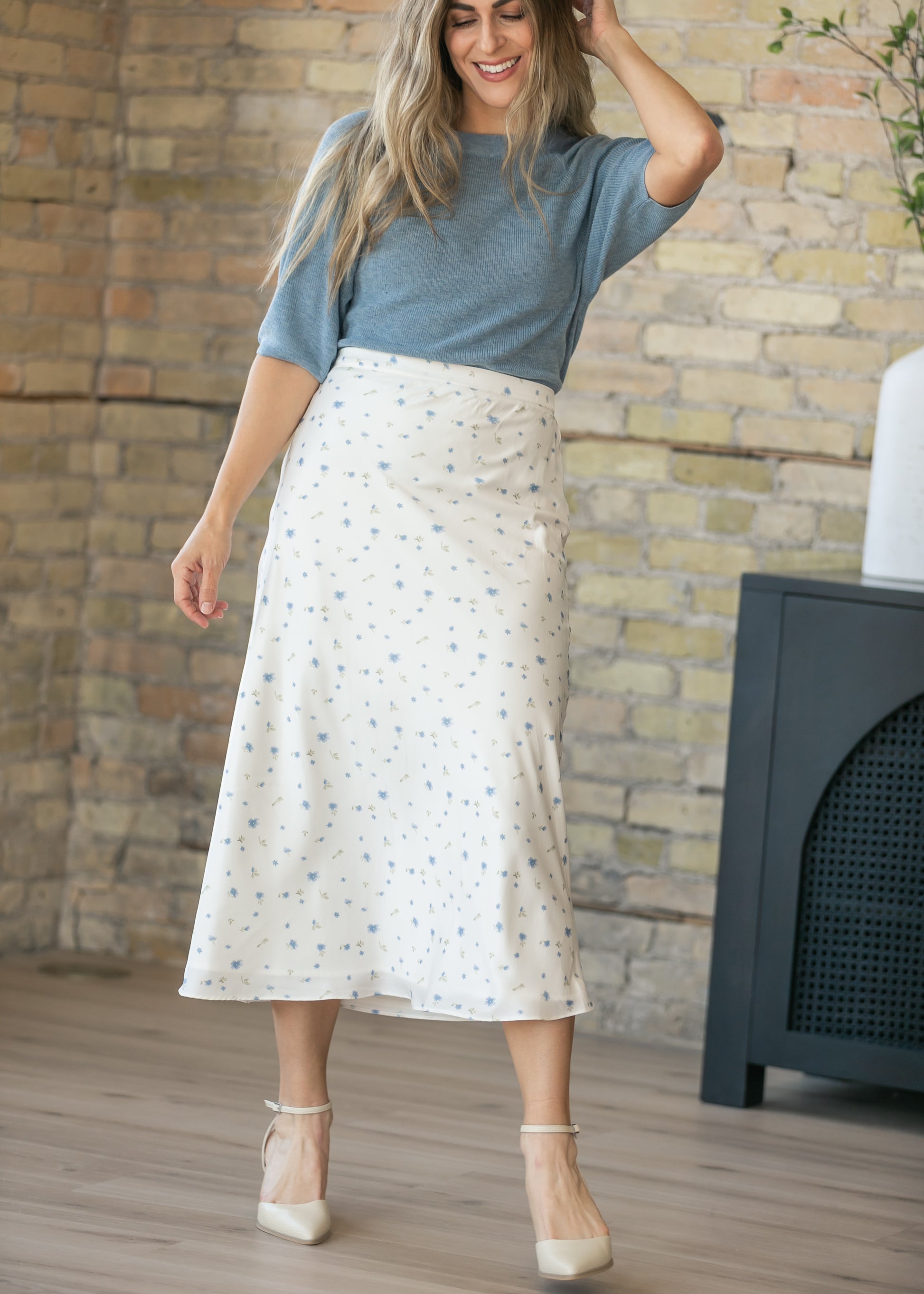Blue Floral Satin Maxi Skirt FF Skirts