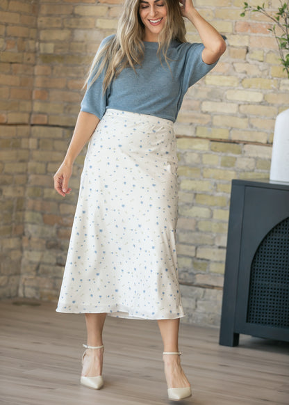 Blue Floral Satin Maxi Skirt FF Skirts