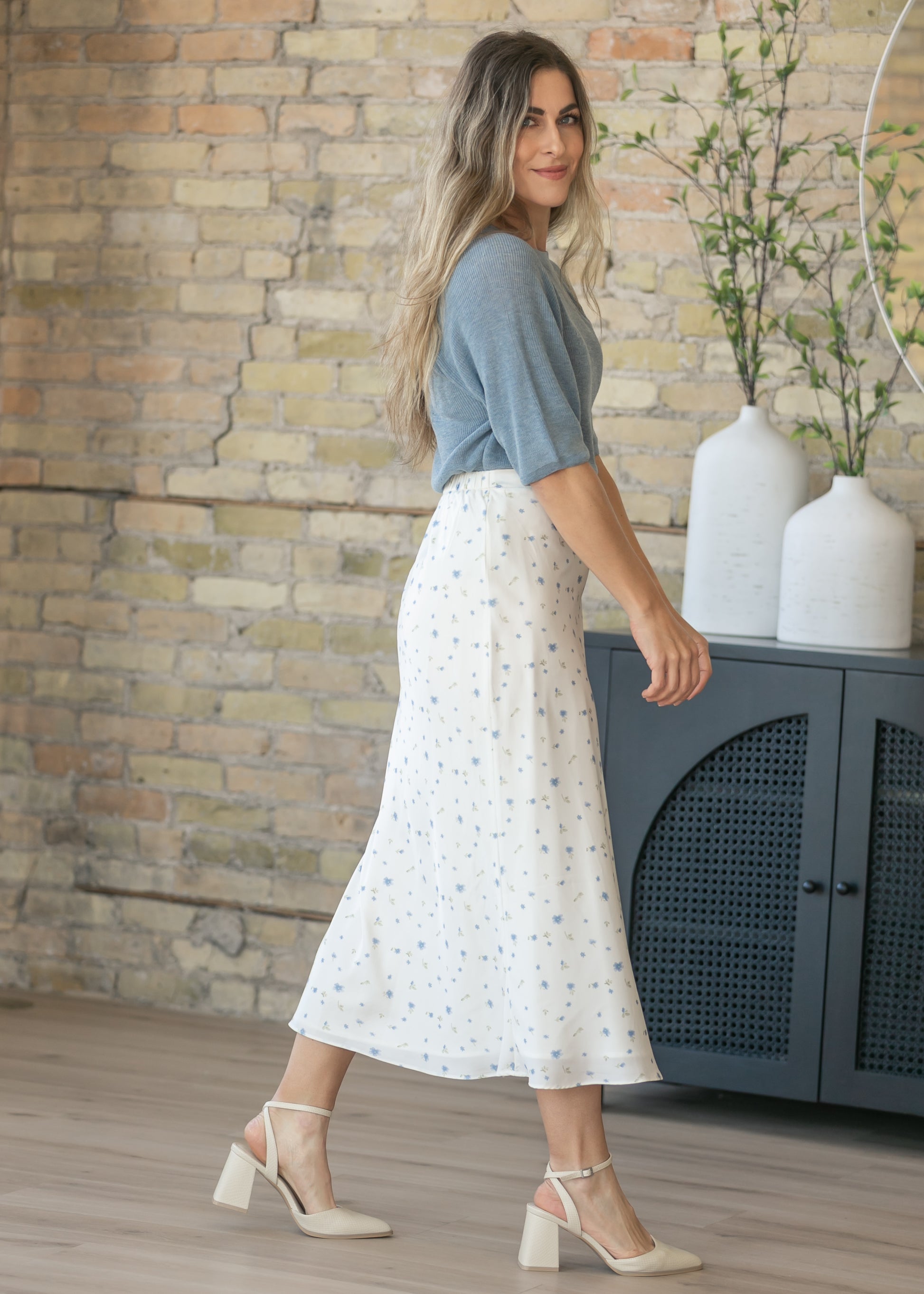 Blue Floral Satin Maxi Skirt FF Skirts