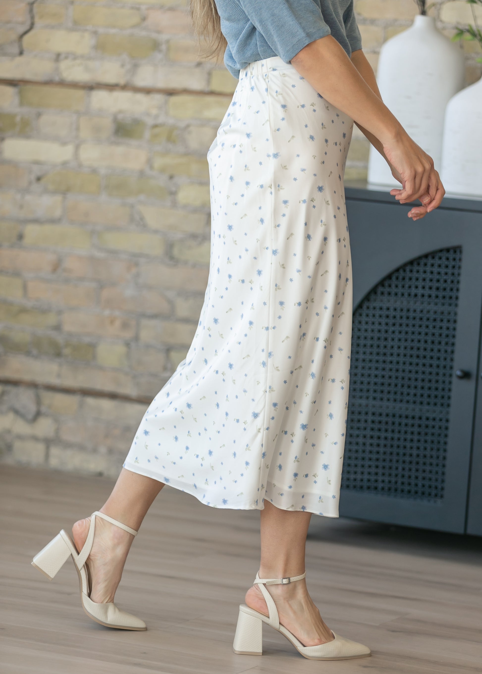 Blue Floral Satin Maxi Skirt FF Skirts