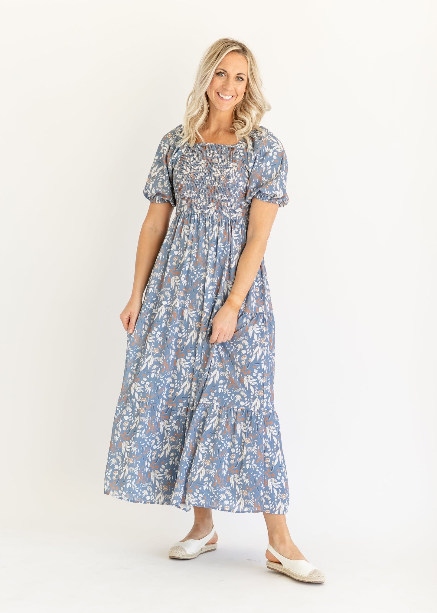 Blue Floral Smocked Maxi Dress FF Dresses