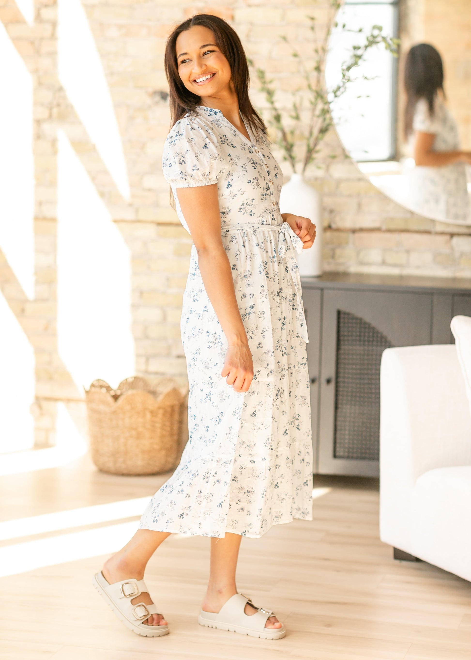 Blue Printed Button Front Tiered Maxi Dress FF Dresses