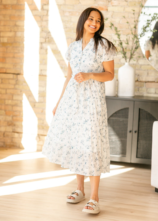 Blue Printed Button Front Tiered Maxi Dress FF Dresses