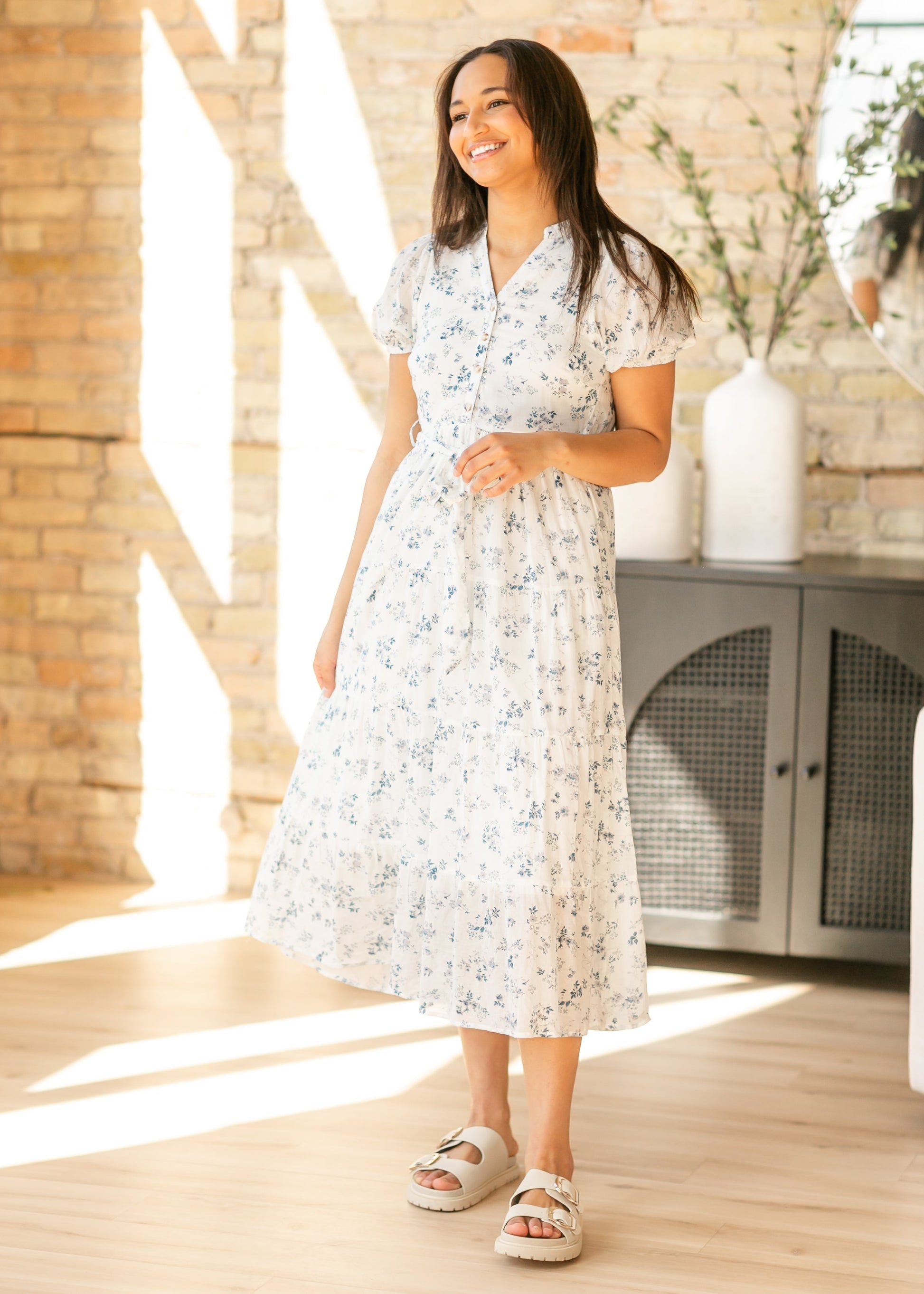 Blue Printed Button Front Tiered Maxi Dress FF Dresses