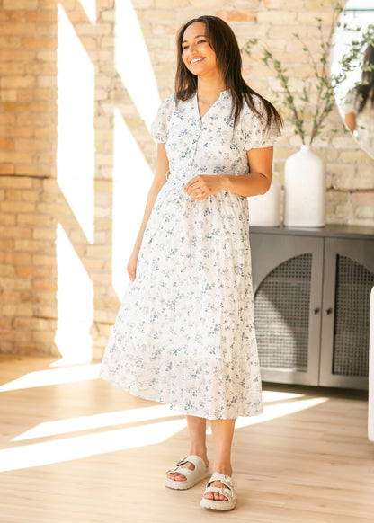 Blue Printed Button Front Tiered Maxi Dress FF Dresses