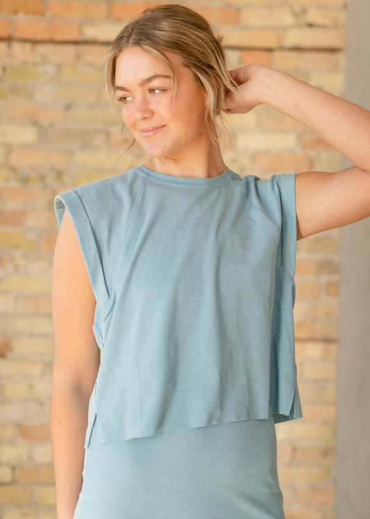 Blue Ribbed Knit Cuff Sleeve Top FF Tops