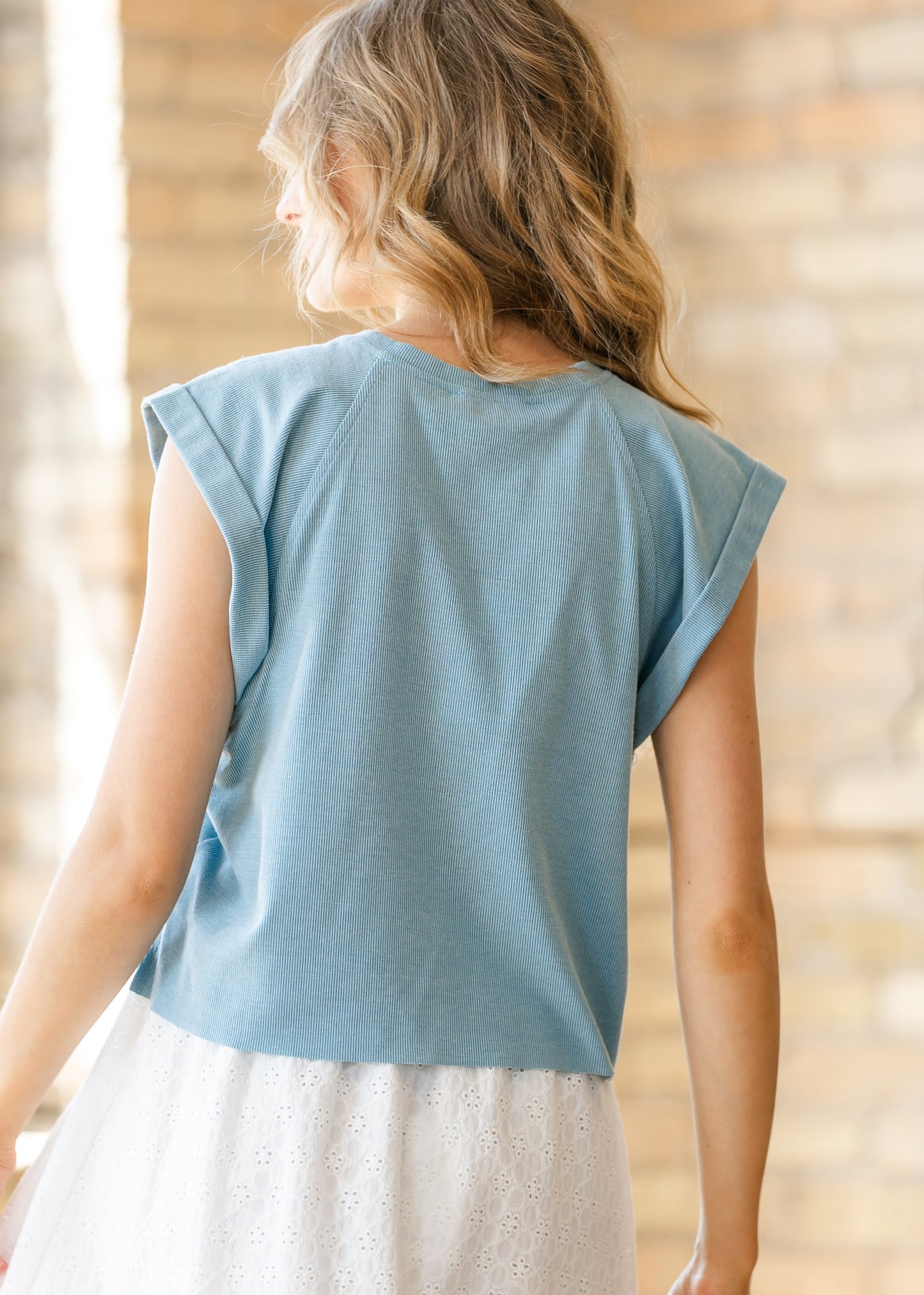 Blue Ribbed Knit Cuff Sleeve Top FF Tops