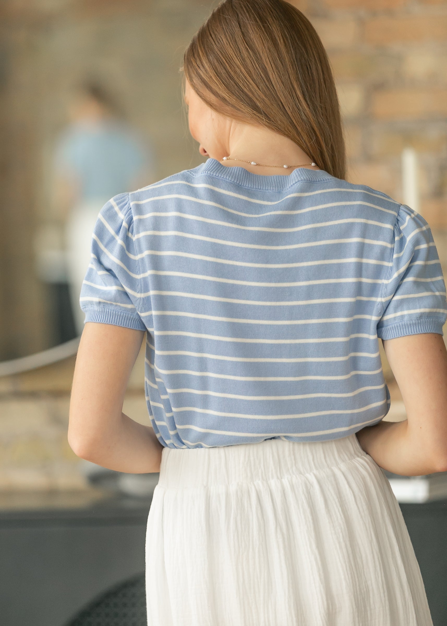 Blue Stripe Puff Sleeve Top FF Tops