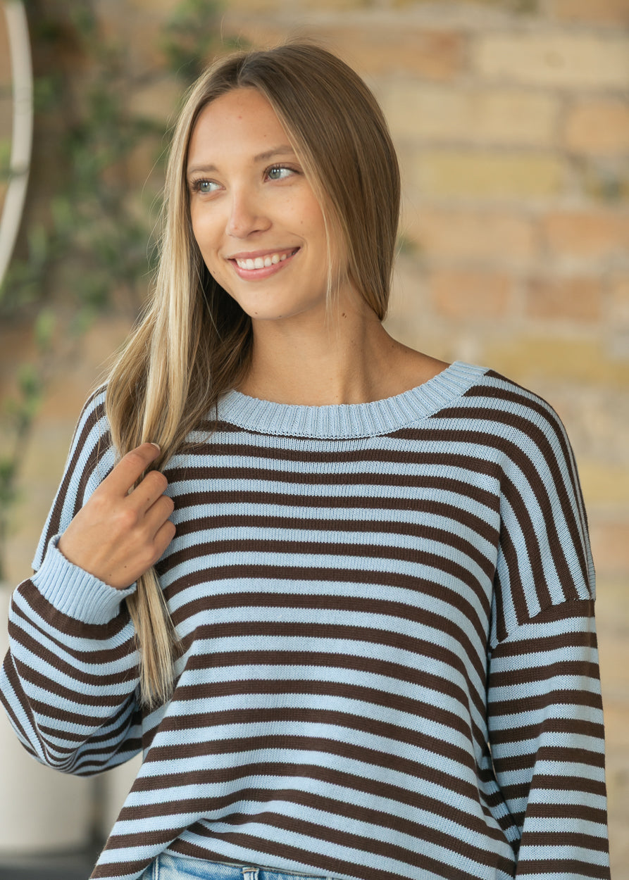 Blue Striped Back Button Detail Knit Sweater FF Tops