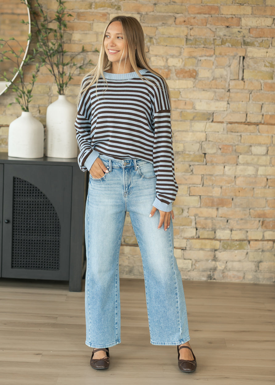 Blue Striped Back Button Detail Knit Sweater FF Tops