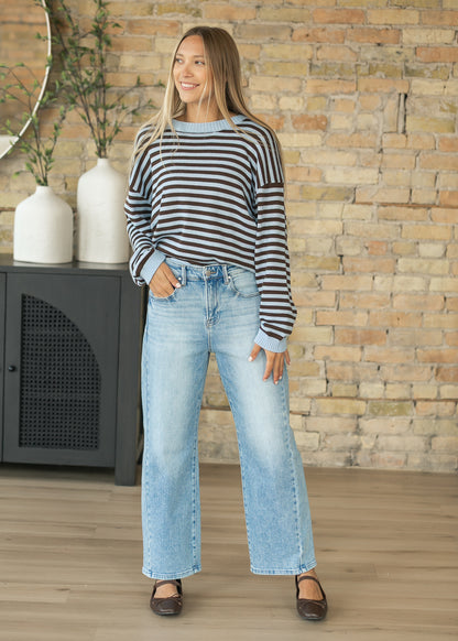 Blue Striped Back Button Detail Knit Sweater FF Tops