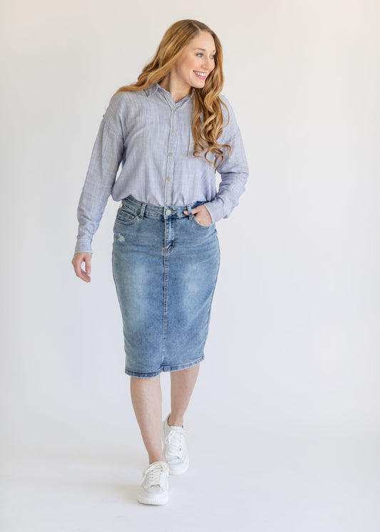 Blue Striped Button Up Top FF Tops