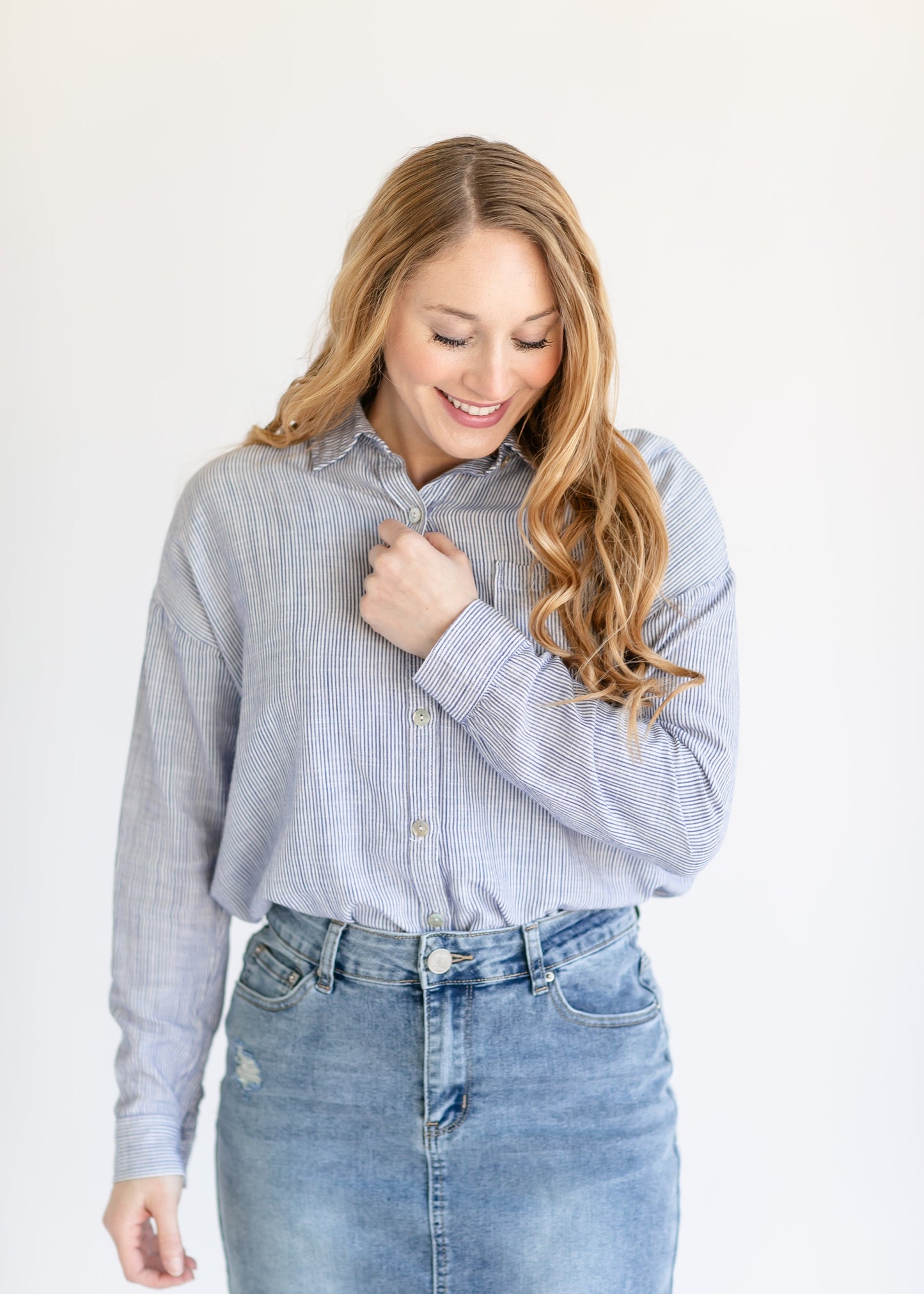 Blue Striped Button Up Top FF Tops