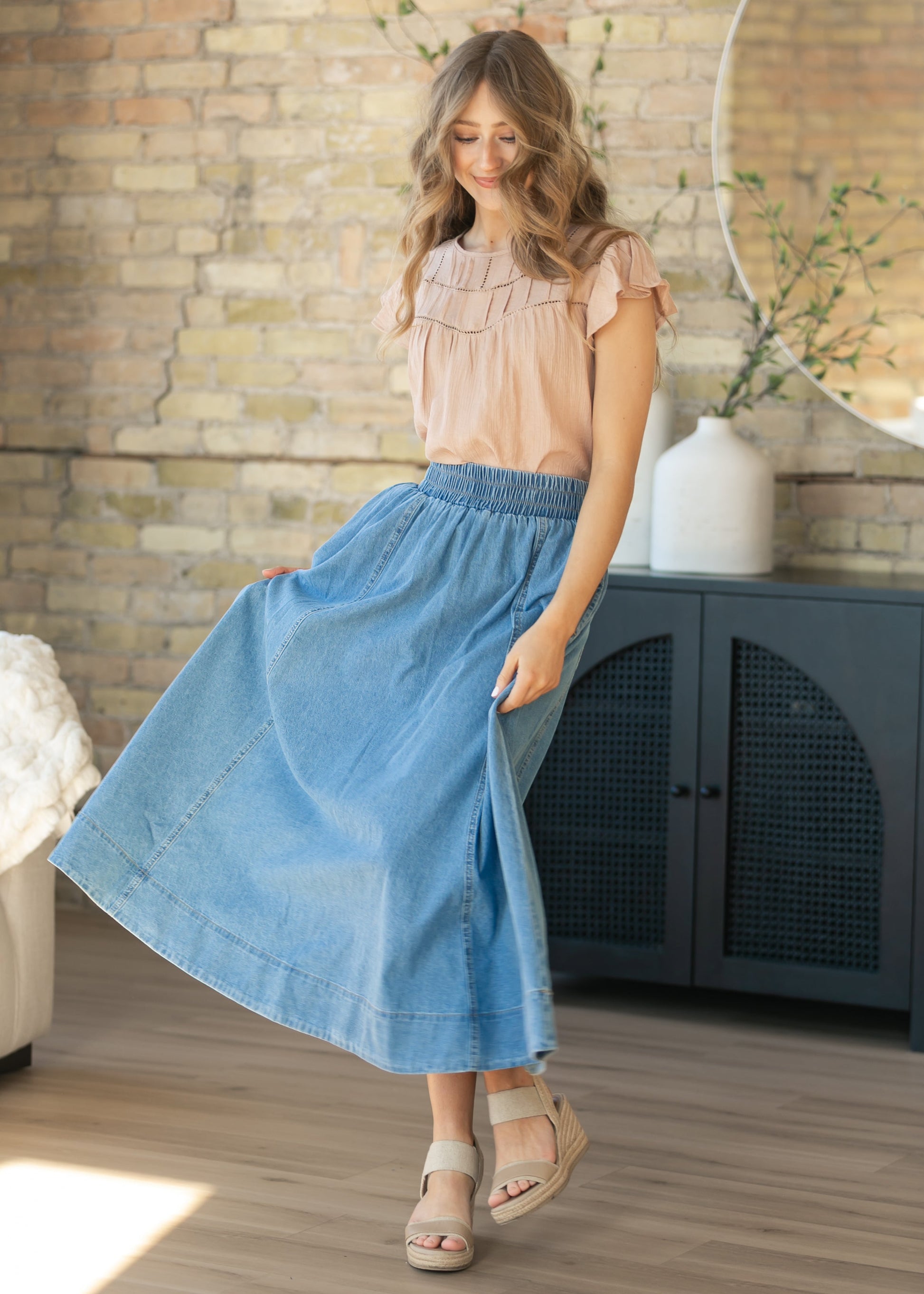 Blush Ladder Lace Flounce Sleeve Top FF Tops