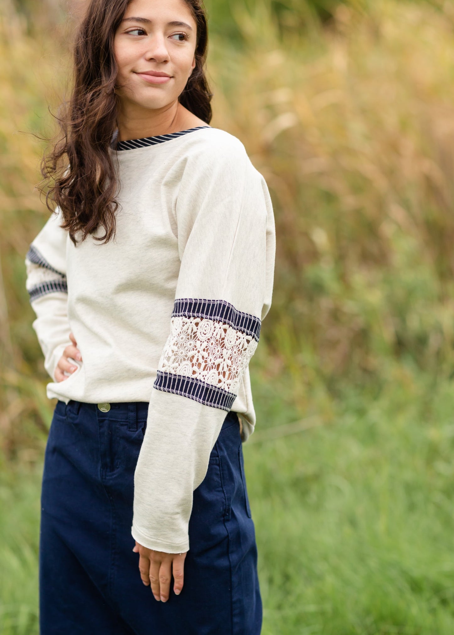 Boat Neck Crochet Lace Sleeve Sweatshirt - FINAL SALE FF Tops