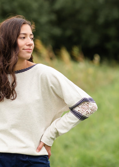 Boat Neck Crochet Lace Sleeve Sweatshirt - FINAL SALE FF Tops