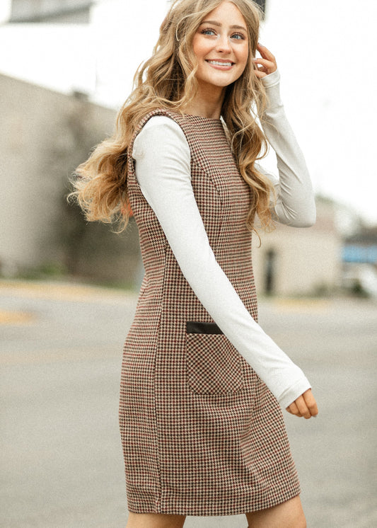 Boat Neck Sleeveless Houndstooth Midi Dress FF Dresses