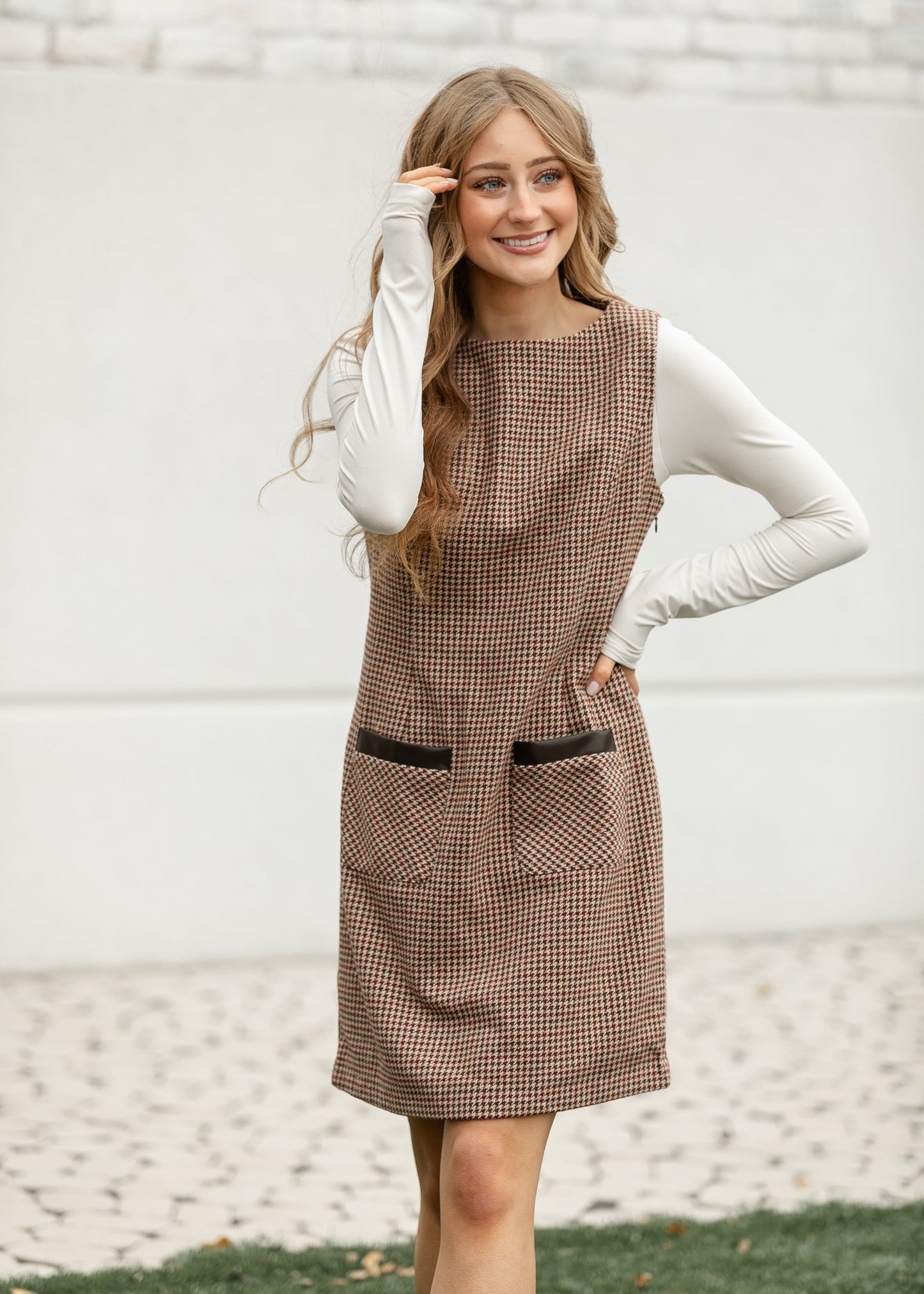 Boat Neck Sleeveless Houndstooth Midi Dress FF Dresses