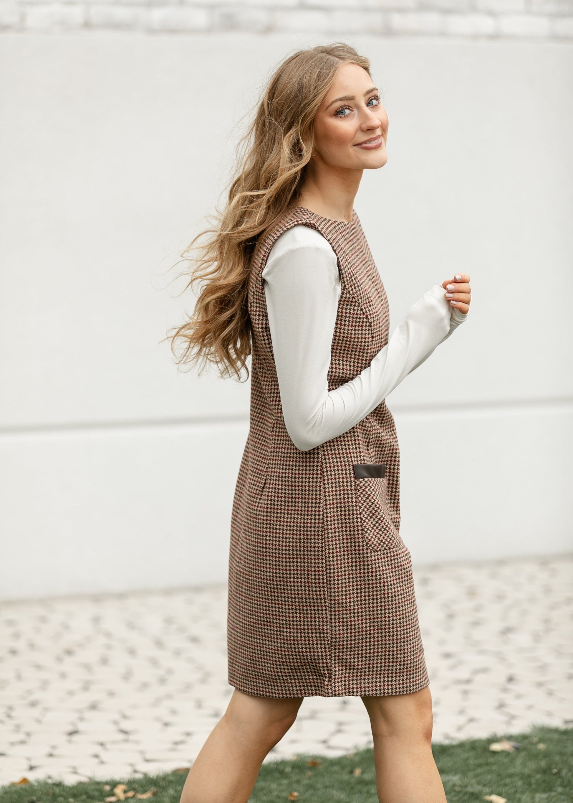 Boat Neck Sleeveless Houndstooth Midi Dress FF Dresses