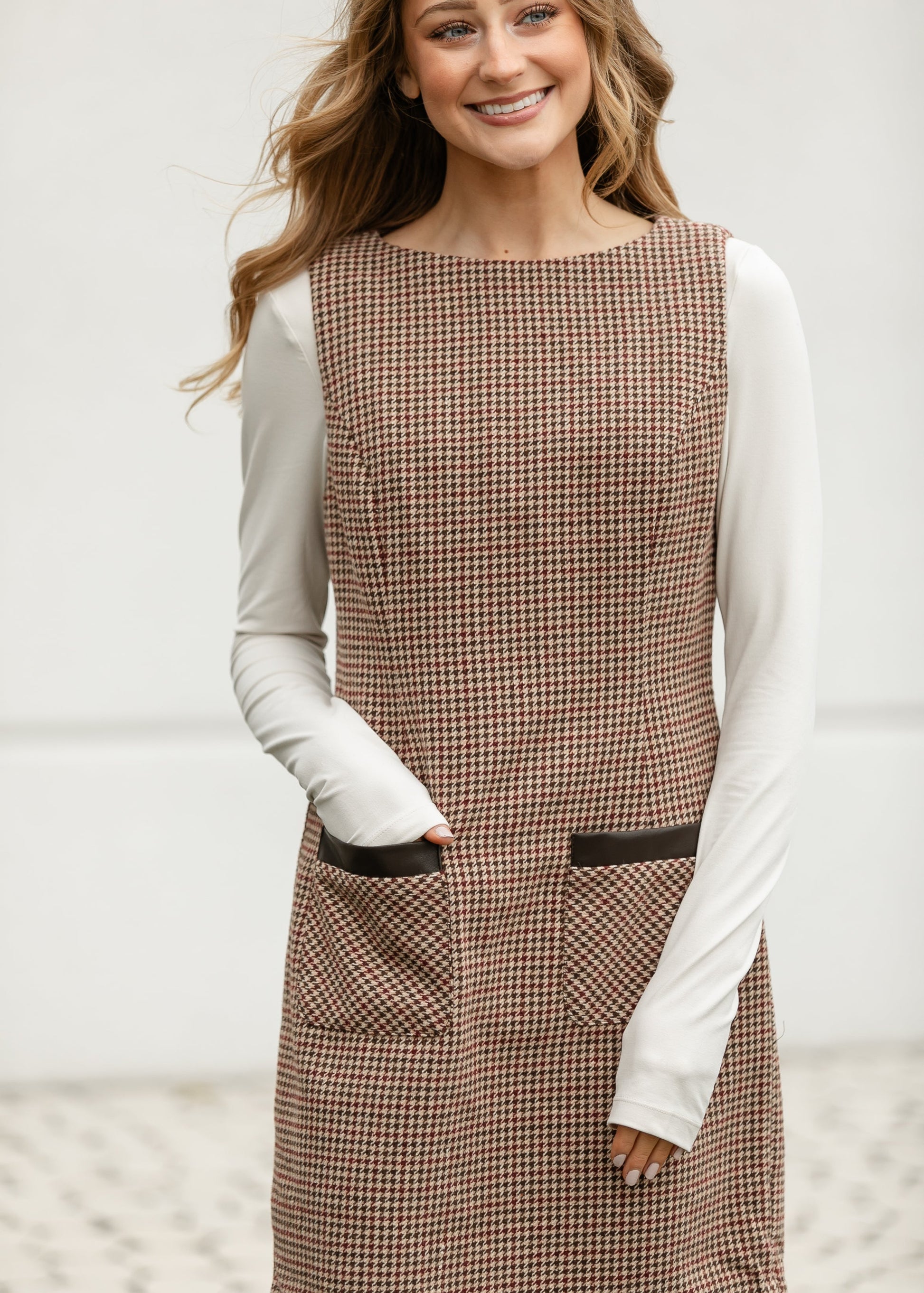 Boat Neck Sleeveless Houndstooth Midi Dress FF Dresses