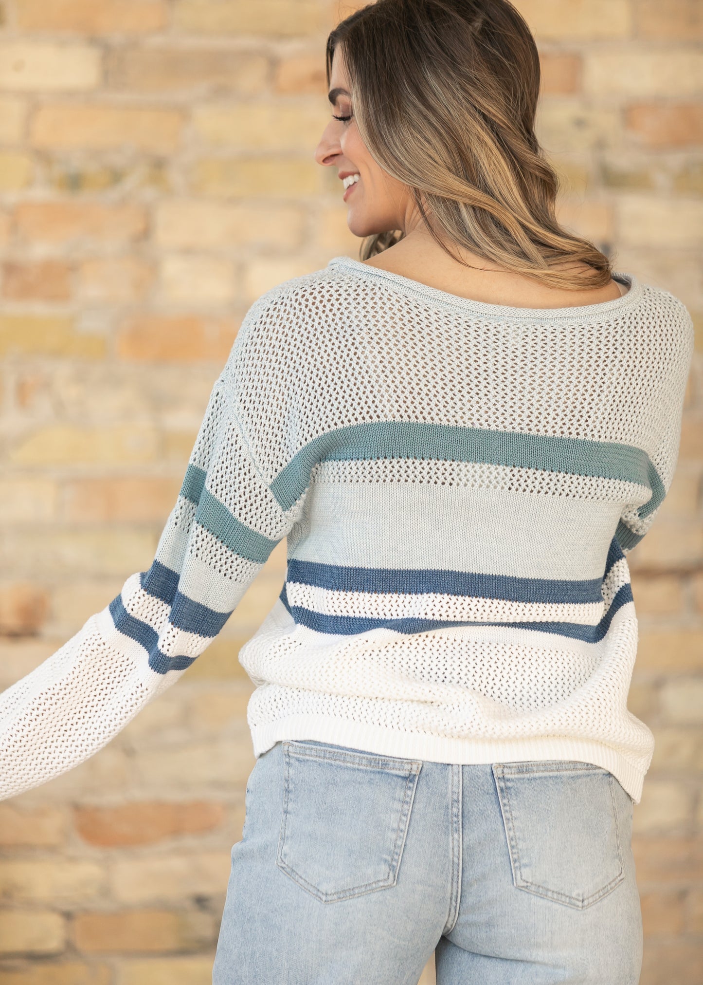 Boatneck Striped Open Stitch Sweater FF Tops