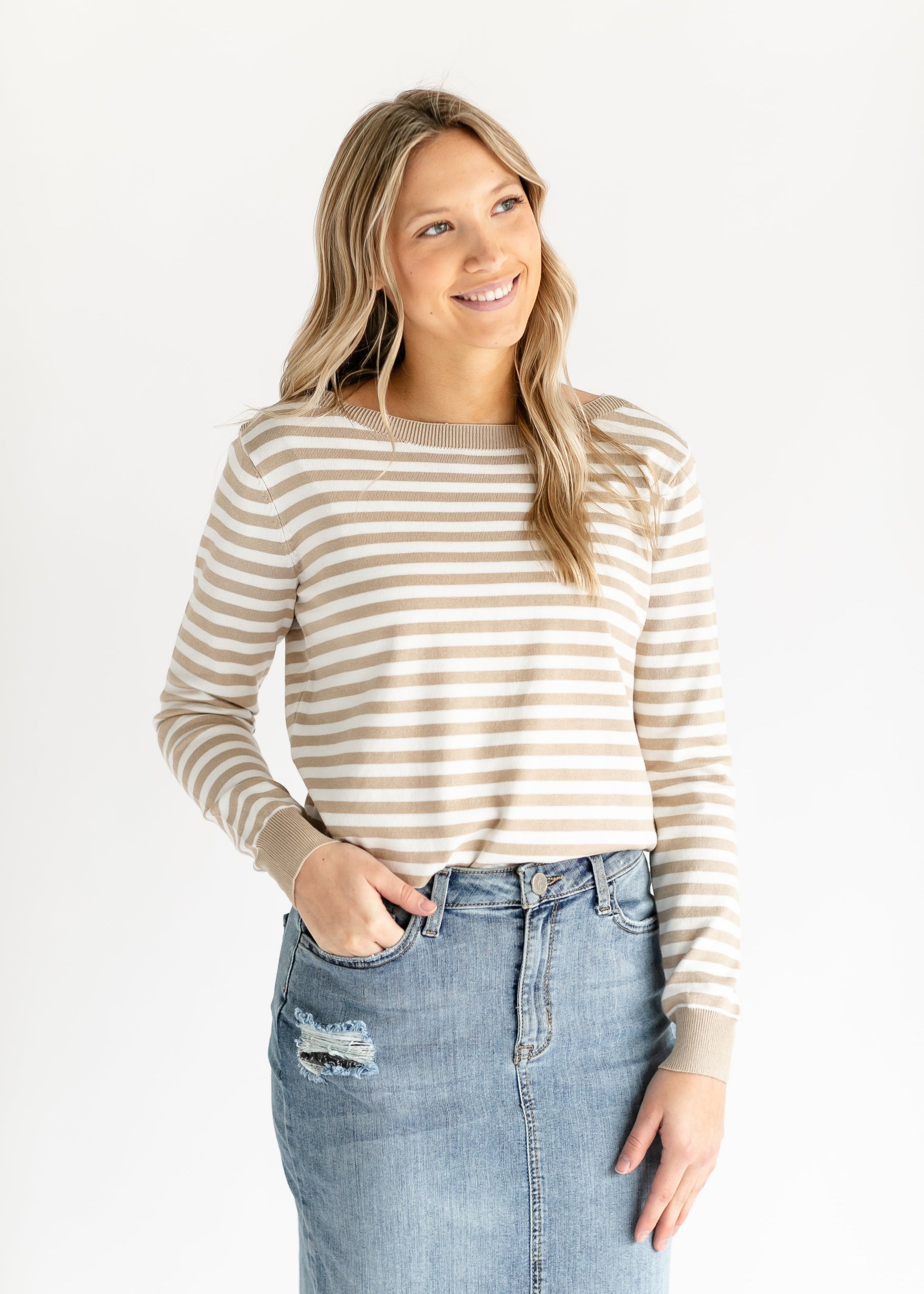 Boatneck Striped Pullover Sweater FF Tops