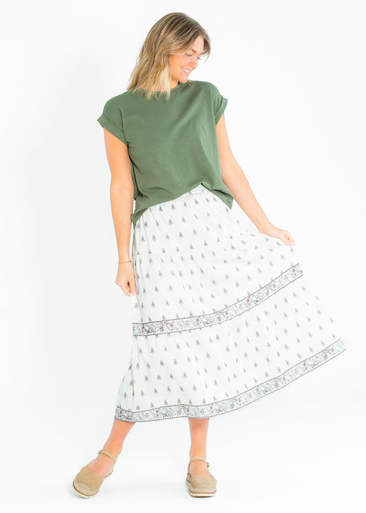 Border Print Tiered Maxi Skirt FF Skirts