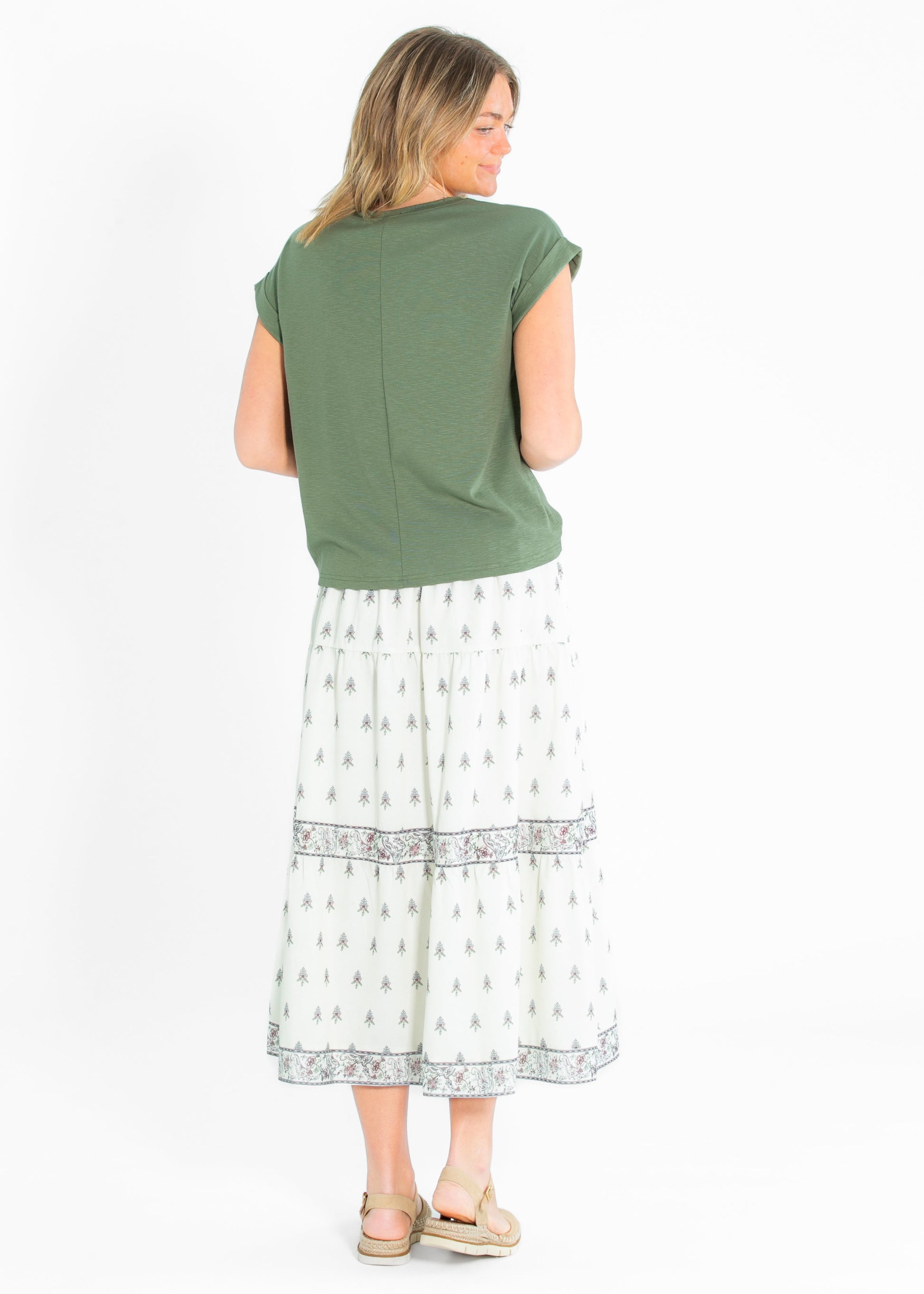 Border Print Tiered Maxi Skirt FF Skirts