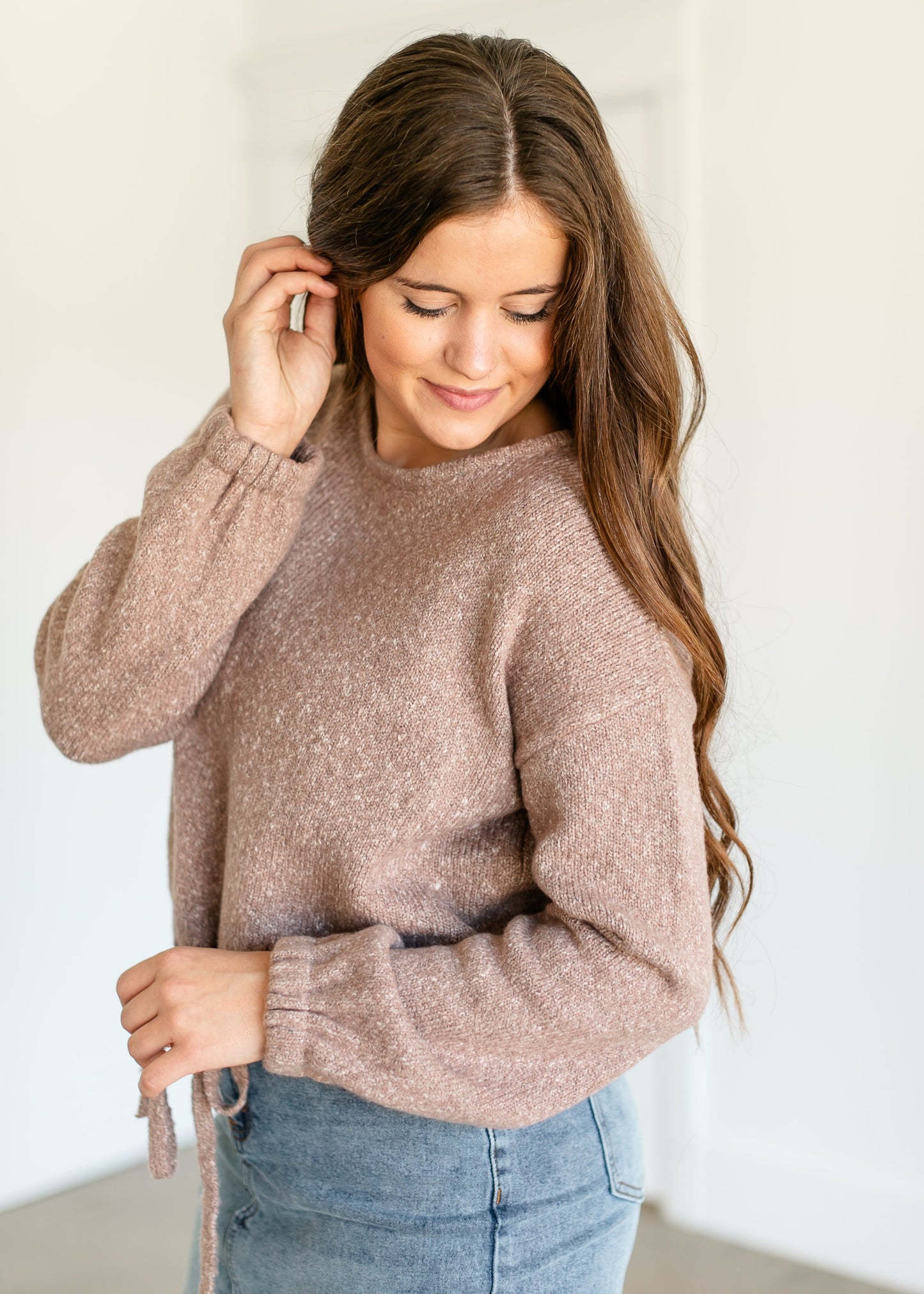 Boucle Mix Knit Tie Front Sweater FF Tops