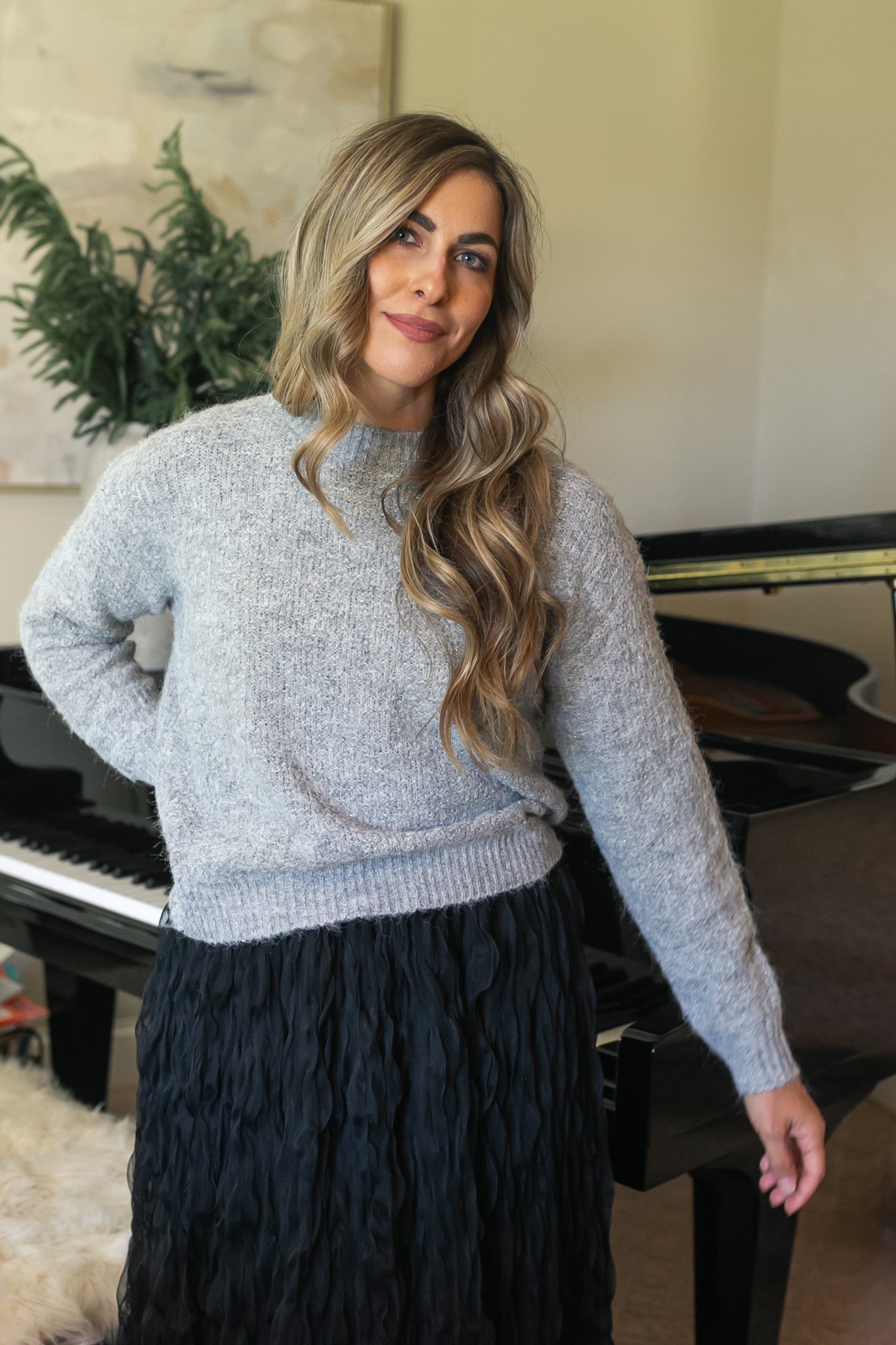 Bow Back Lurex Fuzzy Sweater FF Tops