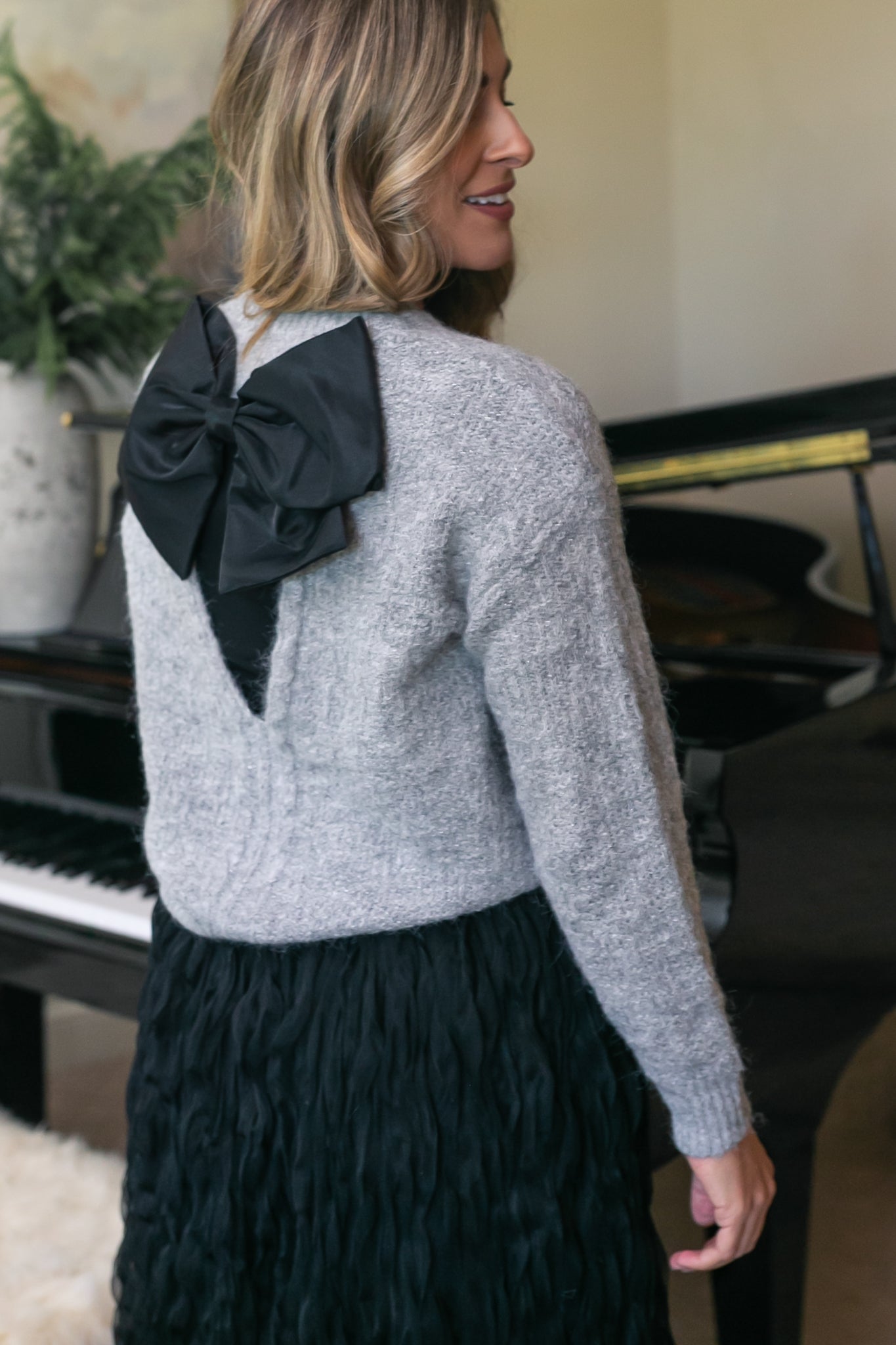 Bow Back Lurex Fuzzy Sweater FF Tops