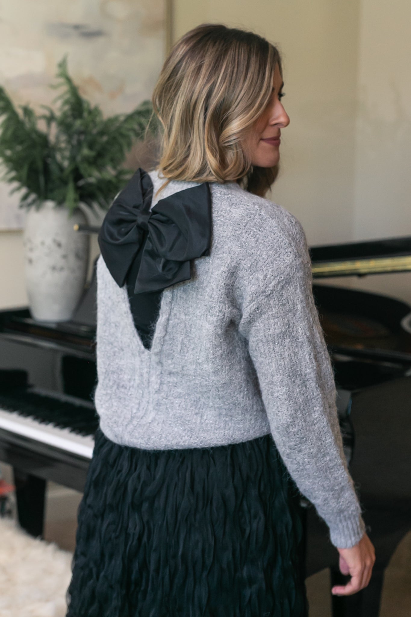 Bow Back Lurex Fuzzy Sweater FF Tops