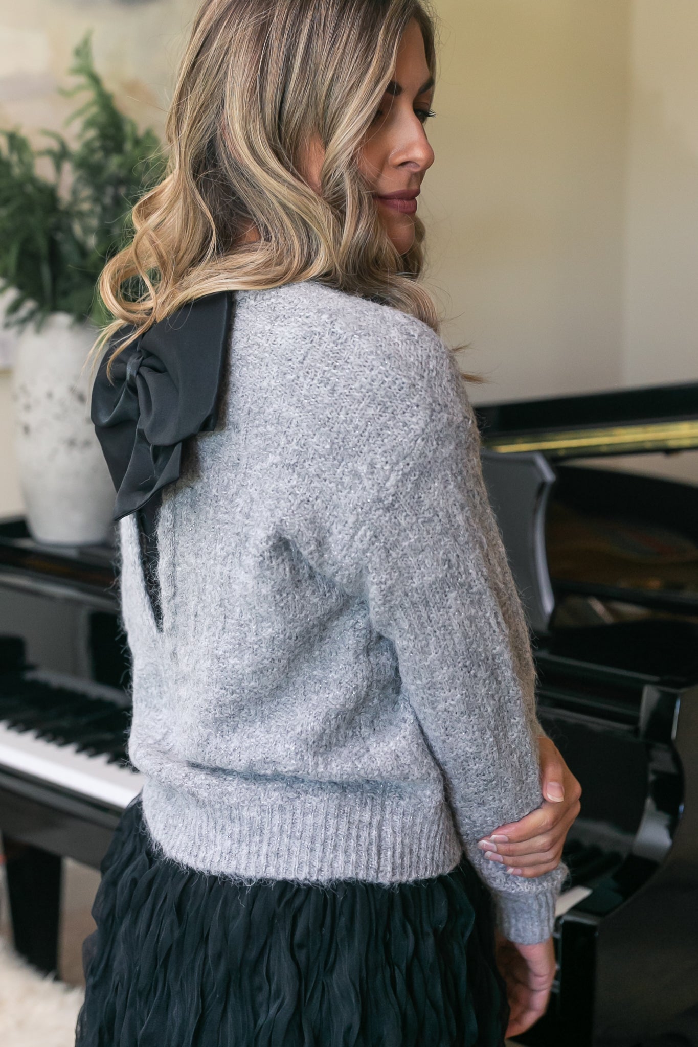 Bow Back Lurex Fuzzy Sweater FF Tops