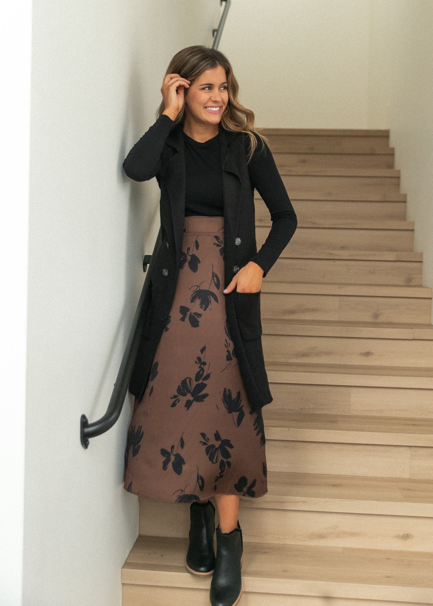 Braylyn Camel Floral Midi Skirt IC Skirts