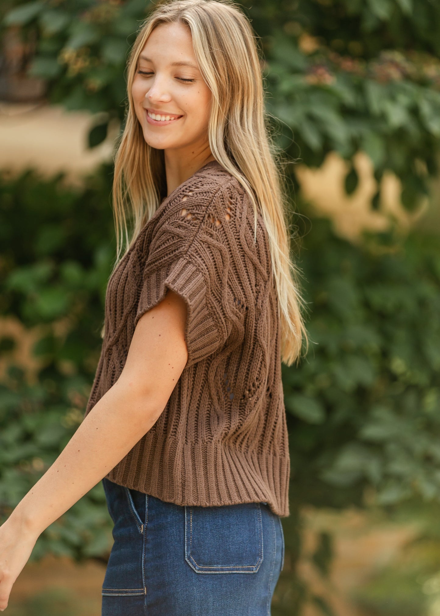 Brown Crochet Dolman Sleeve Top FF Tops