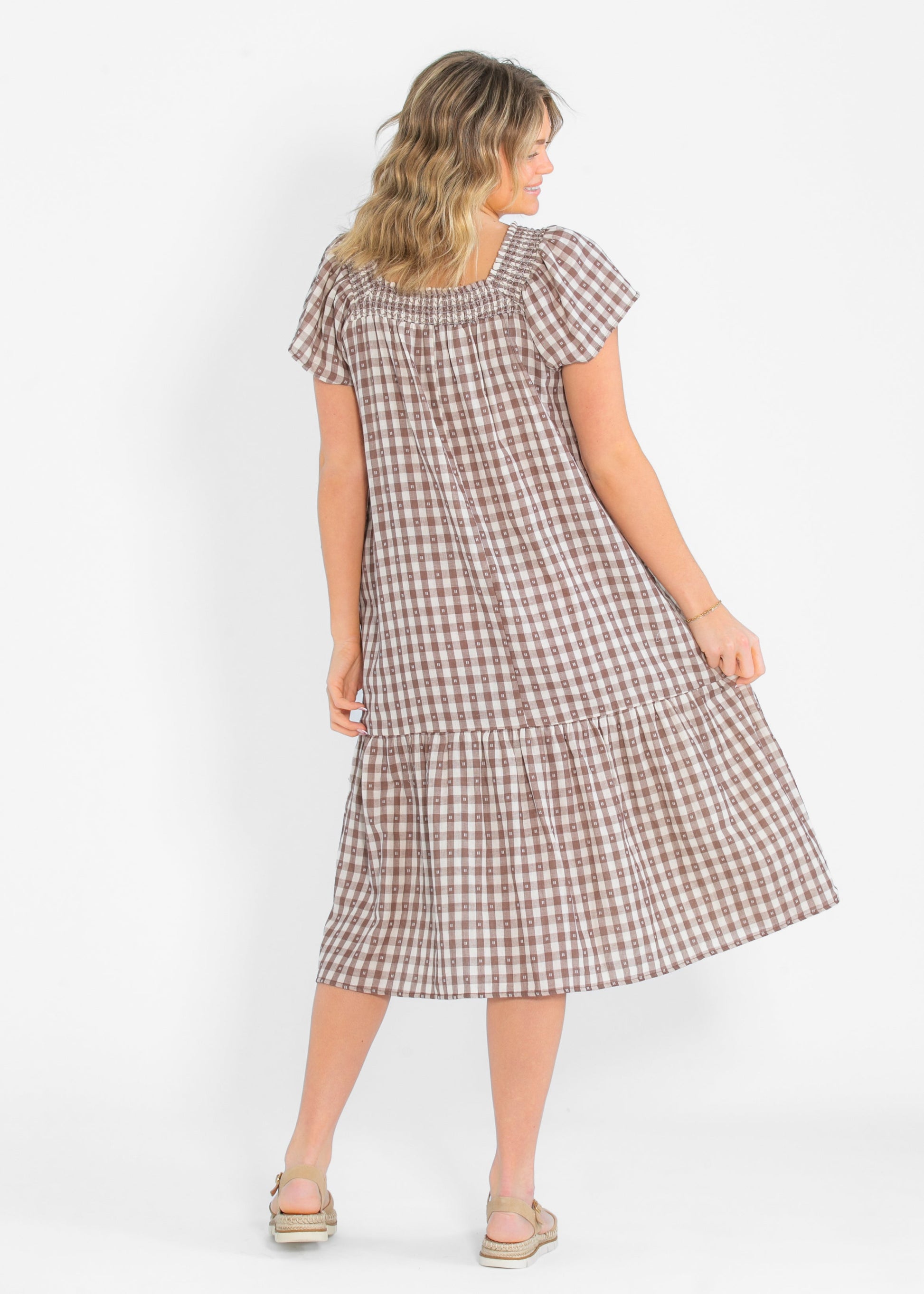 Brown Gingham Short Sleeve Maxi Dress FF Dresses