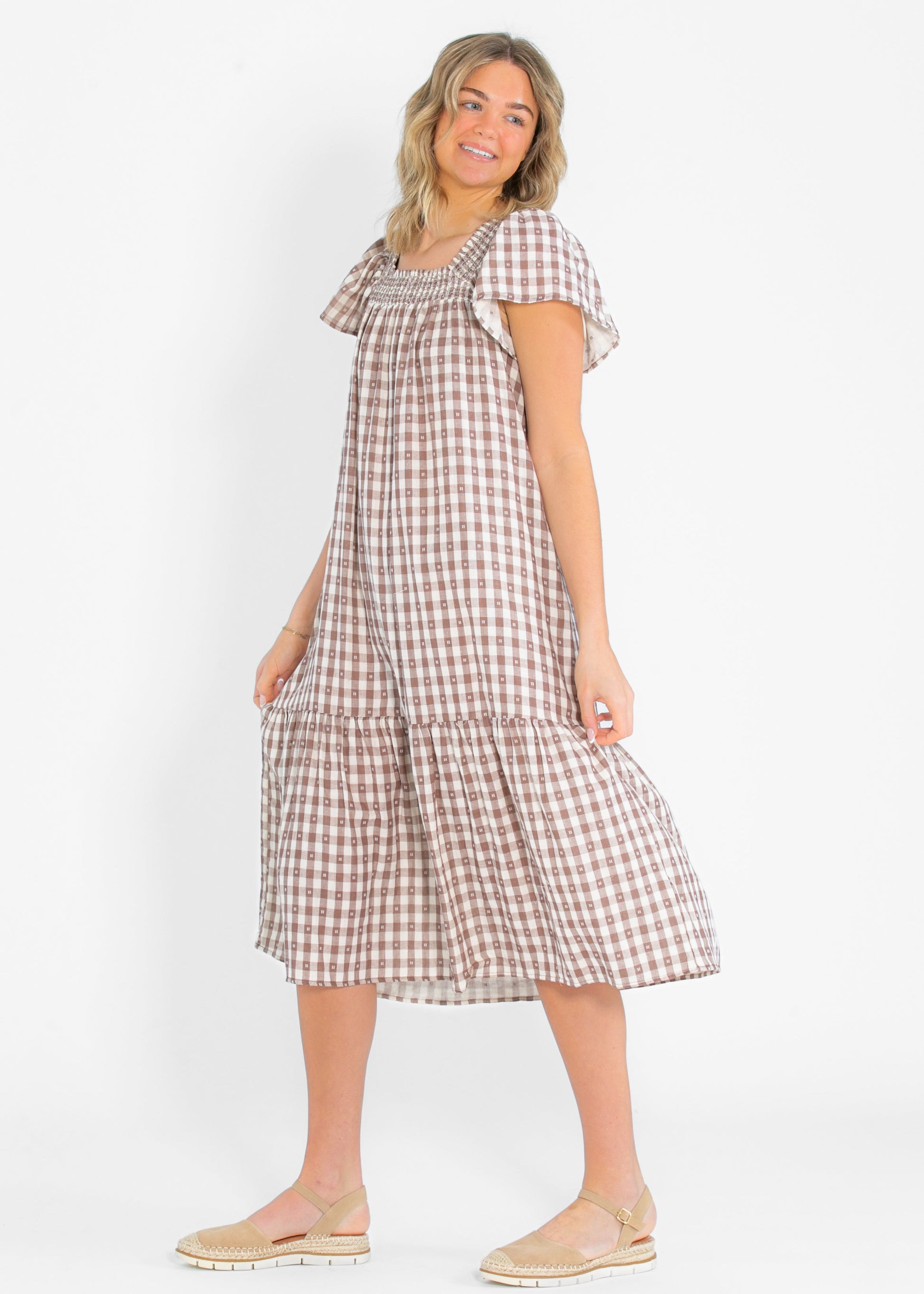 Brown Gingham Short Sleeve Maxi Dress FF Dresses