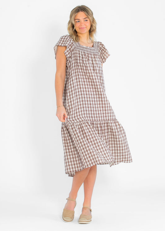 Brown Gingham Short Sleeve Maxi Dress FF Dresses